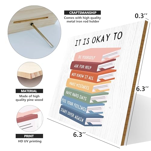 Book Lover Gifts Decorative Book Desk Decor Motivational Okay Affirmations Positive Inspirational Wood Sign for Home Farmhouse Office Nursery Playroom Homeschool Classroom Reading Corner Table Shelf - color: It Is Okay