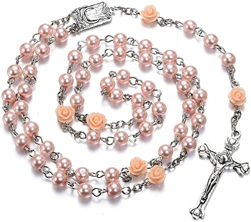 SZQCZB Rosary Beads Catholic Necklace Holy Soil Medal Cross Crucifix with Metal Box and 18pcs Prayer Cards - color: Pink