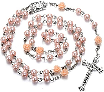 SZQCZB Rosary Beads Catholic Necklace Holy Soil Medal Cross Crucifix with Metal Box and 18pcs Prayer Cards - color: Pink