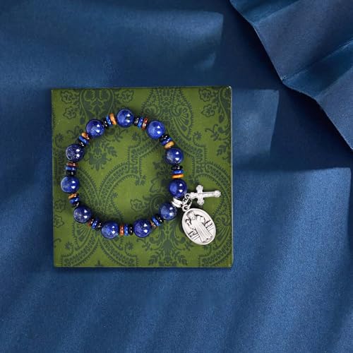 Rosary for Men Women, Natural Stone Beads with St. Benedict Bracelet - color: Lapis Lazuli