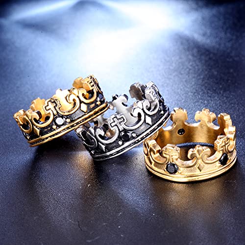Mens Womens Stainless Steel Vintage Royal King Crown Ring Cross Band Ruby Black Gemstone - color: Gold, black cz