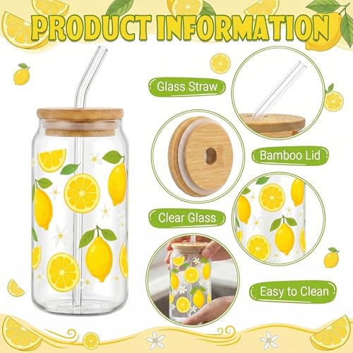 Glass Cups with Lids and Straws, 4Pack, 16oz, Summer - color: Lemon
