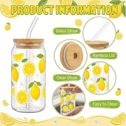 Glass Cups with Lids and Straws, 4Pack, 16oz, Summer - color: Lemon