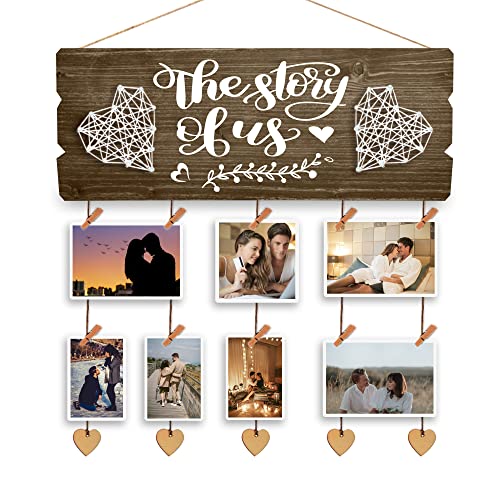 Newlywed Pictures Hanging Board with Clips and Twines, the Story of Us - color: burned wood
