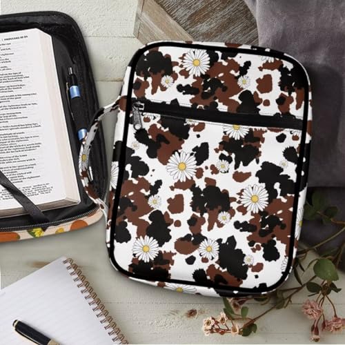 Coldinair Daisy Bible Cover for Women,Canvas Carrying Book Case Brown Cow Print Church Bag Bible Holder with Handle and Zippered Pocket - color: Daisy Brown Cow Print