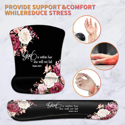 Keyboard Wrist Rest Pad and Ergonomic Mouse Pad Wrist Support Set Psalm 46:5 God is Within Her, She Will Not Fall Peony Flower for Gaming, Office, Comfortable and Pain Relief with Coaster Set - color: Fd-wristrest-2-6