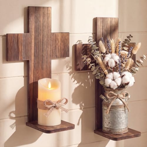 2 Pack Wooden Cross Wall Candle Sconces Farmhouse Hanging Wall Decor