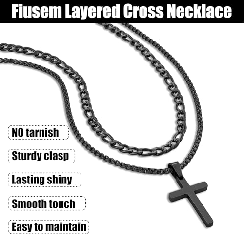 Fiusem 2 Pcs Cross Necklace Chain for Men, Stainless Steel Pendant - color: Black, size: 22/24 Inches