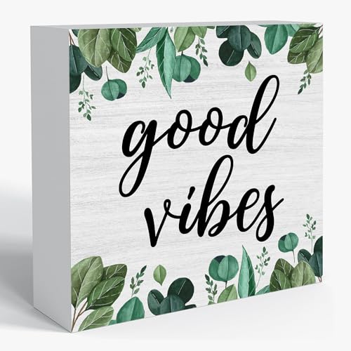 | Boho Decor for Shelves 5x5 Wooden Box Sign – Eucalyptus Decor with Sage Green Decorations | Inspirational Desk Accent and Positive Wooden Box for Office or Home Shelf Display-B03 - color: Eucalyptus Decor