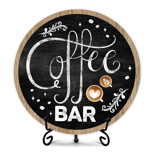 Coffee Bar Sign, 6-Inch Round Wooden Plaque with Stand, Farmhouse Style, Coffee Decor for Home, Kitchen, Office, Gifts - color: Coffee Bar