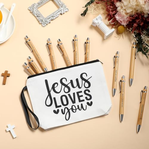 Sayglossy 13 Pcs Christian Gift Set Jesus Loves You Zipper Pouch with 12 Bible Verse Pens Bulk Inspirational Religious Gifts for Sunday School Bible Study Church Vbs