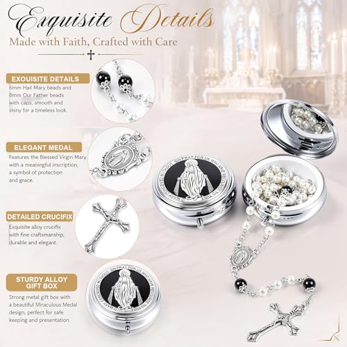 Jadive 24 sets Catholic Rosary Necklace, 6mm Glass Pearl Beads 8mm Our Father Bead Metal Gift Box for Women Men Prayer Gift - color: Silver
