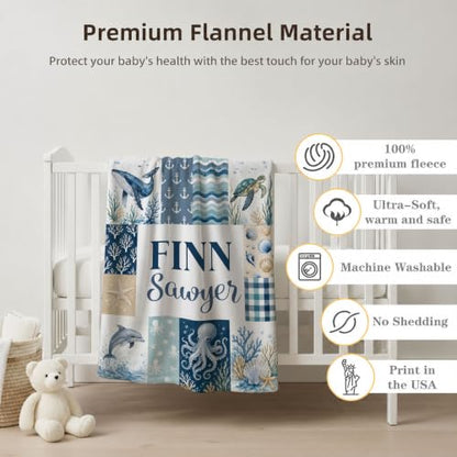 Personalized Ocean Animal Baby Blanket, Custom Sea Life Baby Blanket - color: Blue #5