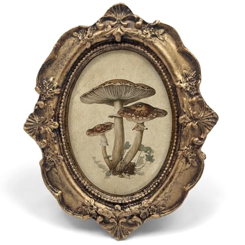 Vintage Mushroom Small Bronze Oval Picture Frame, Fall Botanical Mini Ornate Photo Frame Baroque for Wall Art Decor TableTop Desk,Rustic Autumn Framed Artwork Gifts for Office Halloween 4x5in - color: mushroom