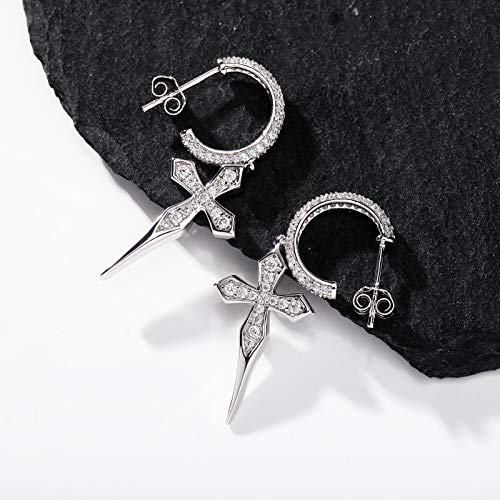 TOPGRILLZ Cross Hoop Dangle Earrings 925 Sterling Silver 5A+ Cubic Zirconia 14K Gold Hypoallergenic Cross Hoop Cuff Huggie Drop Earrings For Men Women - color: 14K Silver