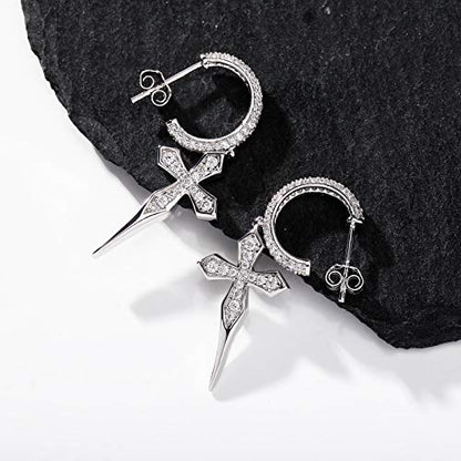 TOPGRILLZ Cross Hoop Dangle Earrings 925 Sterling Silver 5A+ Cubic Zirconia 14K Gold Hypoallergenic Cross Hoop Cuff Huggie Drop Earrings For Men Women - color: 14K Silver