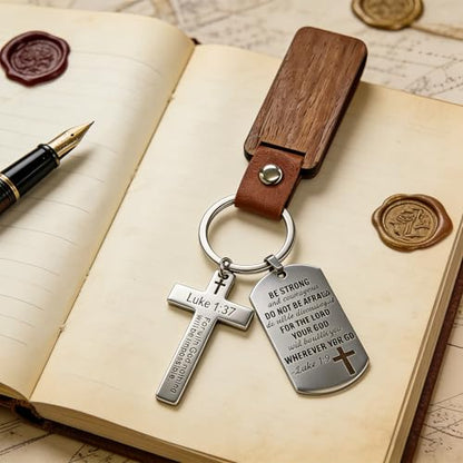 Bible Verse Keychain, Christian Keychain for Men, Mens Key Chain with Wood Plaque, Religious Cross Keyring Inspirational Jesus Gifts for Car Accessories