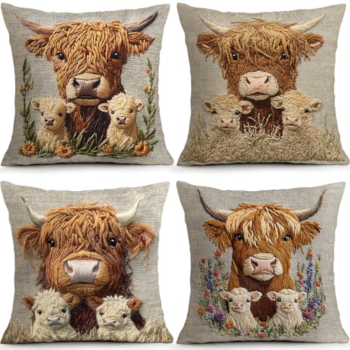 Gray Highland Cow Pillow Covers Set of 4, 18x18 Embroidery Style Decor - color: Highland Cow Gray, size: 18" x 18" (Pack of 4)