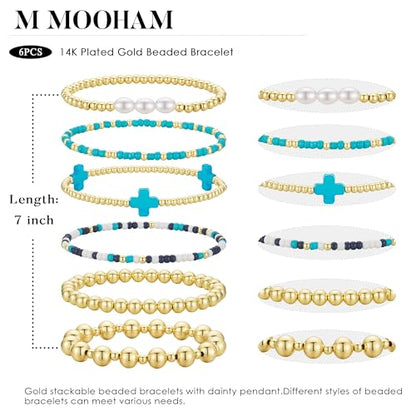 M MOOHAM Beaded Bracelets for Women Teen Girls, 14K Gold Bracelet Stack - color: Turquoise Cross