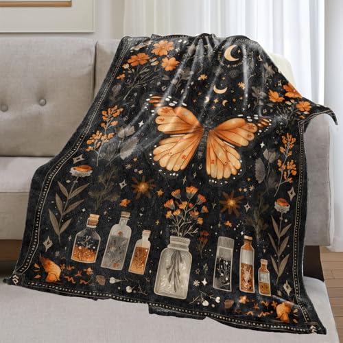Mystical Butterfly and Moon Flannel Blanket Gifts for Nature Lover,50x40inch,Gothic Floral Throw Blankets with Celestial Night,for Bedroom,Sofa,Living Room,Camping Halloween Home Decor Throws - color: Butterfly, size: 50x40 Inch