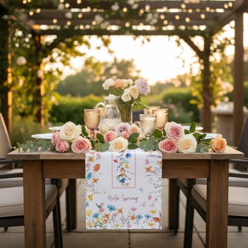 Hello Spring Table Runner 13x72 Inch, 100% Polyester Watercolor Wildflowers Birds Butterflies, Cottagecore Farmhouse Floral Spring Decorations for Home, Kitchen Dining Outdoor Party Decor - style: Wildflower Bird