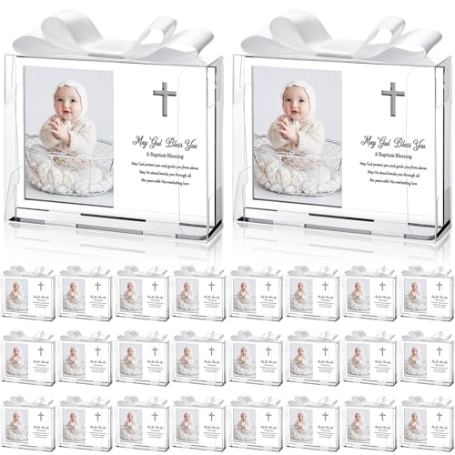 Vercraft 24 Set Baptism Picture Frame 3.5 x 5 Acrylic Baby Shower Baptism Favor Christening Gifts for Boy Girl with Plastic Crystal Boxes and Satin Ribbon Bows for Religious First Communion(White) - color: White