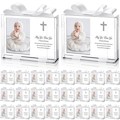 Vercraft 24 Set Baptism Picture Frame 3.5 x 5 Acrylic Baby Shower Baptism Favor Christening Gifts for Boy Girl with Plastic Crystal Boxes and Satin Ribbon Bows for Religious First Communion(White) - color: White
