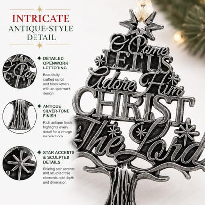 O Come Let Us Adore Him Christmas Ornament, Antique Silver Tone Christian Tree Ornament, Christ the Lord Religious Holiday Decoration, 3 Inch