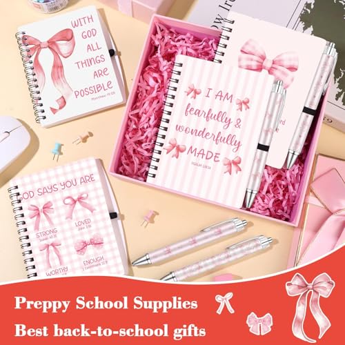 16 Pcs Christian Coquette Pink Bow Spiral Notebooks Bible Verse Ballpoint Pens Religions Cute Aesthetic Journals Notepad Retractable Pen for Office Supplies