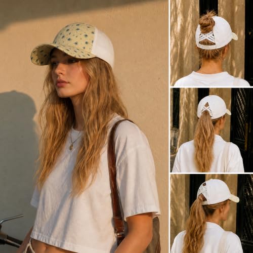 C.C Women's Criss-Cross Ponytail Trucker Hat - Snapback, One Size - color: Ditsy Flower-beige