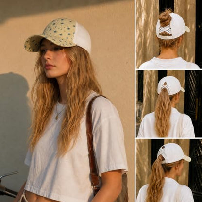 C.C Women's Criss-Cross Ponytail Trucker Hat - Snapback, One Size - color: Ditsy Flower-beige