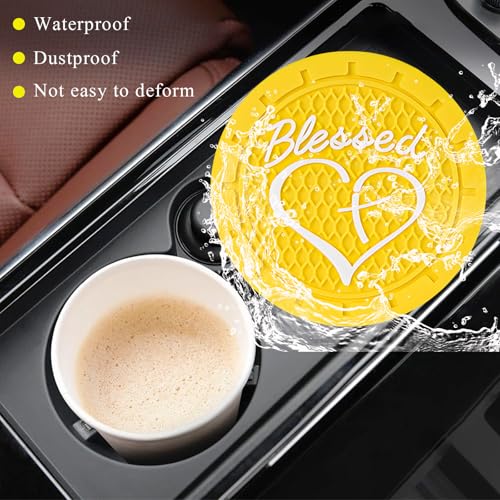 KVAEY 2 PCS Car Cup Holder Coasters, 2.76 Inch Anti Slip Vehicle Drink Mats with Cute Blessed Cross and Heart, Shockproof, Universal Car Accessories (Yellow, 2 PCS) - color: Yellow, size: 2 PCS