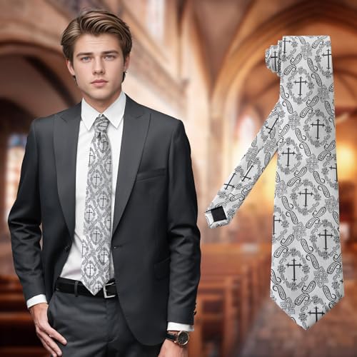 Mens Religious Necktie 3.27" (8.3CM) Christian Cross Jesus Easter Ties - color: Black Cross - Silver