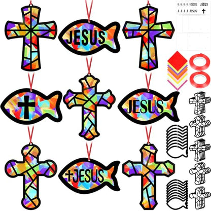 Renbuzhu 48PCS Sunday School VBS Crafts Bulk: Paper Cross Fish Nativity Suncatchers, Jesus Religious Christian Activity DIY Kits Church Decorations, Window Stained Glass Effect Art Supplies - style: jesus fish and cross