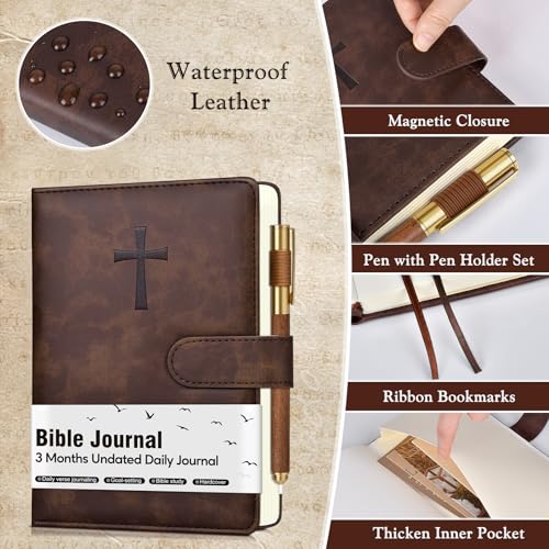 Leather Christian Bible Journal for Men, Prayer Journal for Scripture Study & Daily Devotional, Undated Church Notes Notebook, Jesus Religious Faith Gifts for Pastor, Graduation, Brown - color: Brown