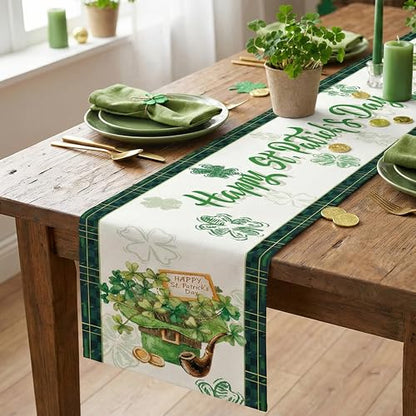 St. Patrick's Day Table Runner, Lucky Leprechaun Hat and Gold Coins Green Shamrock Clover Table Decor, Seasonal Buffalo Plaid Kitchen Dining Decoration for Holiday Home Party, 13x72 Inch - style: Lucky Leprechaun Hat