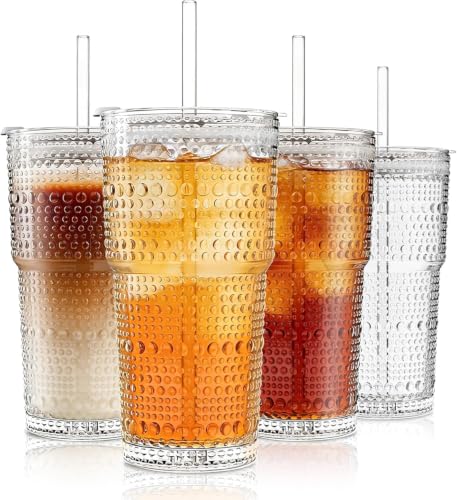 INSETLAN 20 oz Hobnail Glass Cups with Lids and Glass Straws – 4 Pieces, Thick-Walled Glass Tumblers for Iced Coffee, Smoothies, Milk, Water, Juice, and More – Elegant and Durable Drinking Glasses - size: 4 Pcs