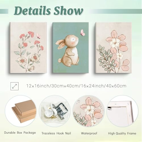 Framed Nursery Wall Art Set of 3 Pink Flower Botanical Pictures 12x16 In - color: Bunny(Canvas), size: 16"L x 12"W