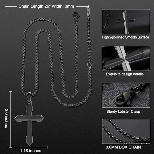 Stainless Steel Cross Necklace for Men with Adjustable Box Chain Christian Cross neckalce Gift - color: Black-A