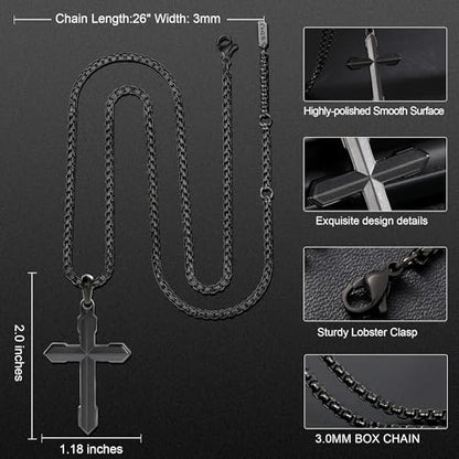 Stainless Steel Cross Necklace for Men with Adjustable Box Chain Christian Cross neckalce Gift - color: Black-A