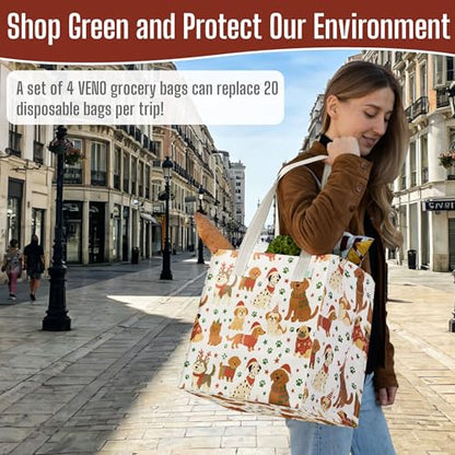 VENO 4 Pack Large Grocery Bag Reusable Shopping Bags with Hard Bottom - color: Holiday Pups - 4 Pack