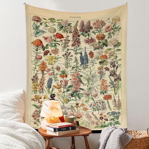 Vintage Flowers Tapestry 48”x36”, Long Vertical Wall Hanging Reference Illustrative Botanical Tapestries for Bedroom Aesthetic Floral Tapistry Botanical Plants Tapestry Wall Hanging Cute Bedroom Decor - color: Vintage Flowers, size: 48"L x 36"W
