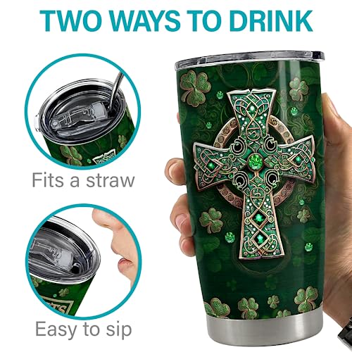 SANDJEST Irish Tumbler 20oz Irish Facts Celtic Cross Stainless Steel Tumbler with Lid Gift for Women Birthday Christmas - color: Irish