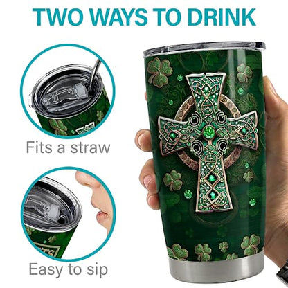 SANDJEST Irish Tumbler 20oz Irish Facts Celtic Cross Stainless Steel Tumbler with Lid Gift for Women Birthday Christmas - color: Irish