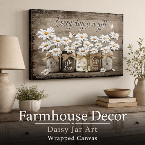 Daisy Bathroom Canvas Wall Art Farmhouse Rustic White Daisy And Butterfly Picture Wall Decor Inspirational Plant Flower Poster Print Artwork for Bathroom Living Room Bedroom Study Home Decoration - color: Daisy, size: 24"L x 16"W