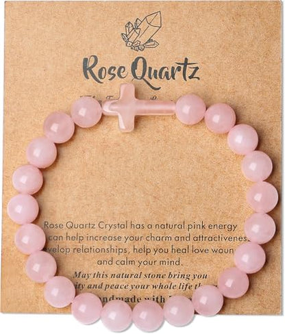 XIANNVXI Crystal Bracelet for Women Men 8 mm Natural Stone Beaded Bracelets Cat Bracelets Cross Bracelets Heart Bracelelt Jewelry for Women Birthday Gifts Stretch Bracelet - color: Pink - Rose Quartz