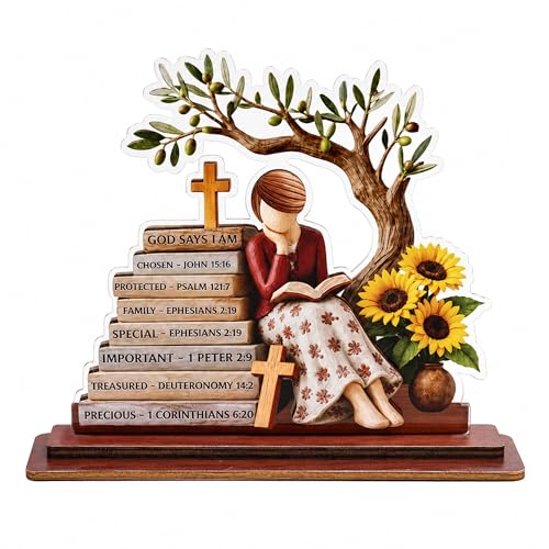 Religious Gifts for Women, God Says I Am Bible Verse Desk Decor for Her - color: Kat-K- god says - ao do - hoa vang