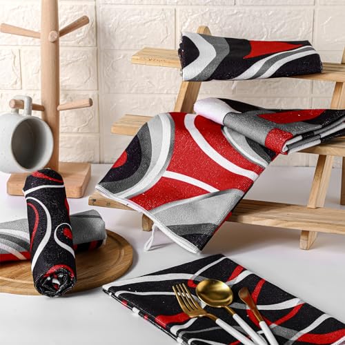 Boyiee Set of 6 Red Black Grey White Kitchen Towels Modern Geometric Decor - color: Black and Red