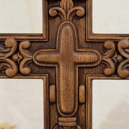 Handcrafted Wooden Wall Cross with Ornate Lily Flower Carved Design - size: 10"L x 7"W