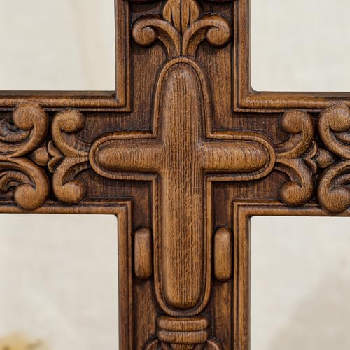 Handcrafted Wooden Wall Cross with Ornate Lily Flower Carved Design - size: 14"L x 10"W